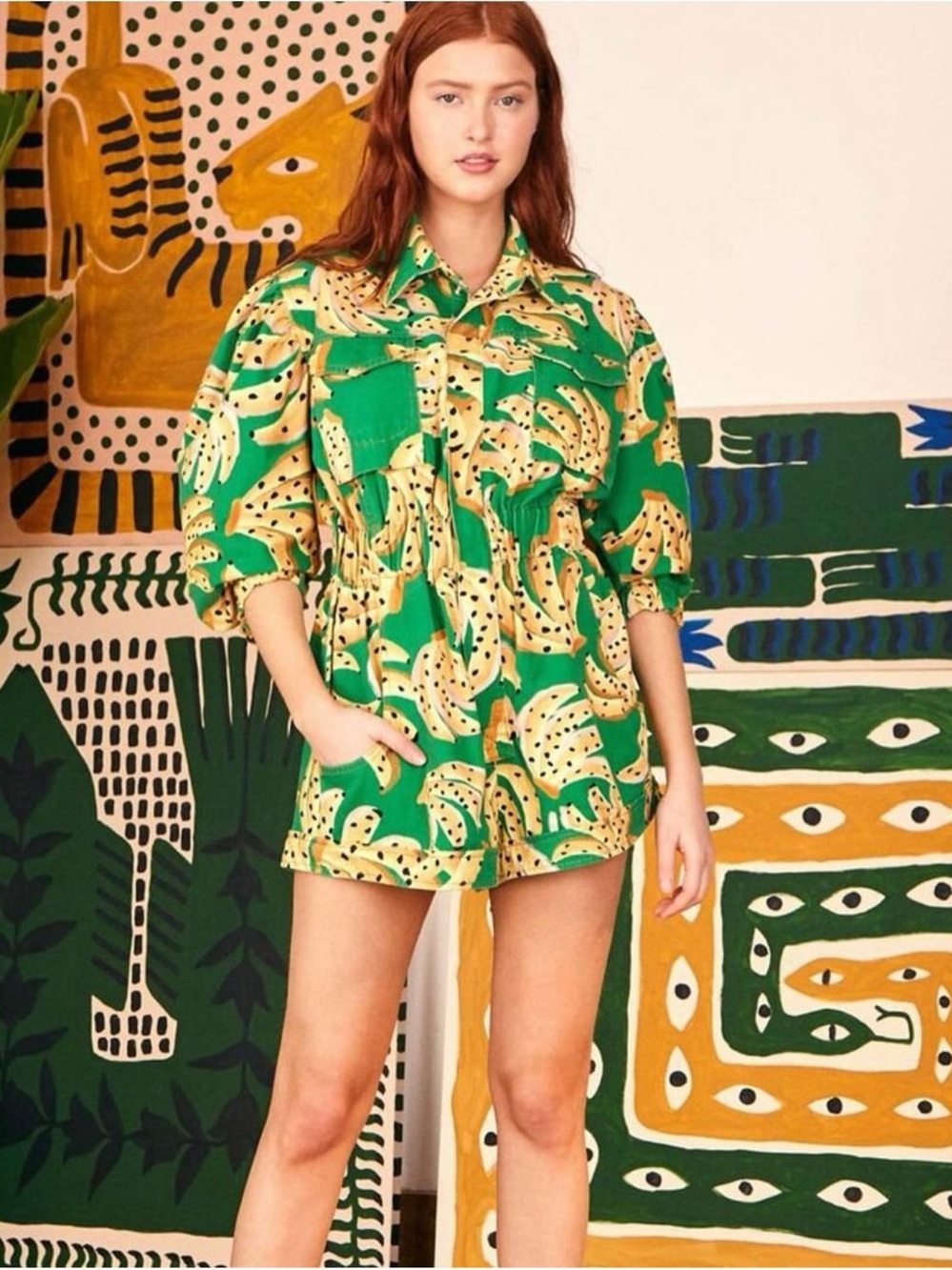Farm Rio Running Bananas print green romper jumpsuit size S